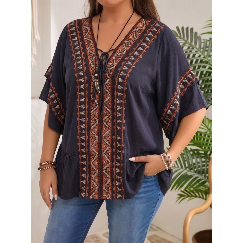 Andree by Unit M Eggplant Embroidered Kaftan Kimono Tunic Blouse Boho Gypsy Boxy